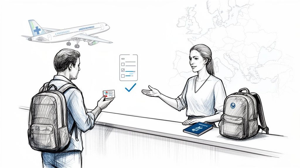 Qué es la Tarjeta Sanitaria Europea y cómo te protege al viajar 3 Hombre presenta tarjeta sanitaria europea en mostrador de aeropuerto con mapa de Europa y avión.