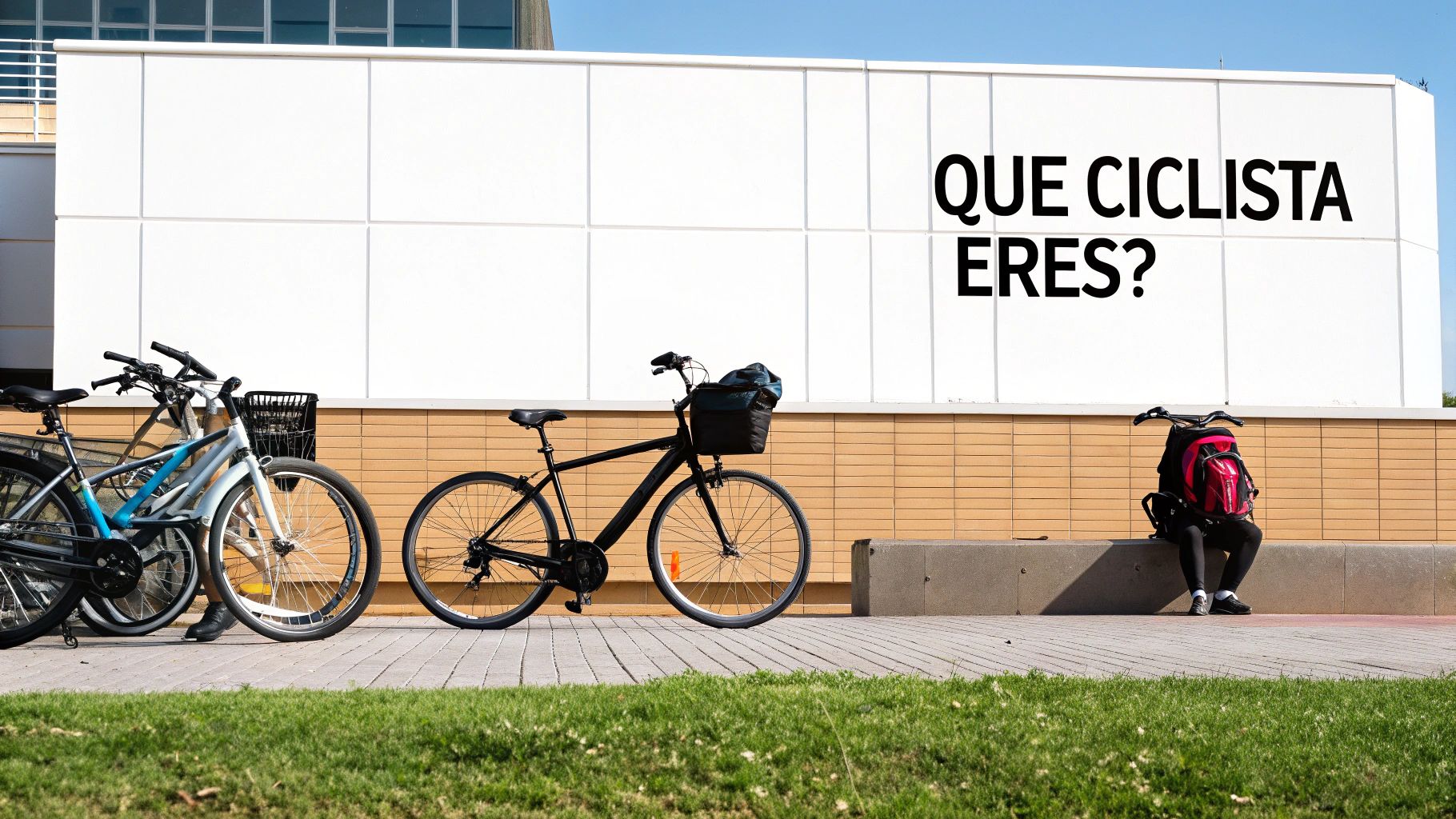Bicicletas estacionadas frente a un edificio, con una persona sentada y un letrero que pregunta 'QUE CICLISTA ERES?'.