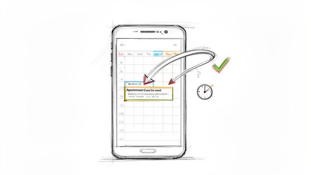 Cita previa ASISA online: la guía definitiva para estudiantes 3 Boceto de smartphone con aplicación de calendario, mostrando una cita programada y un checkmark de confirmación.