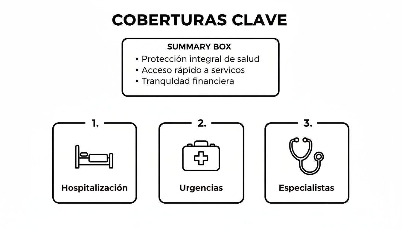 Infografía de coberturas clave de salud: hospitalización, urgencias y especialistas, con beneficios adicionales.