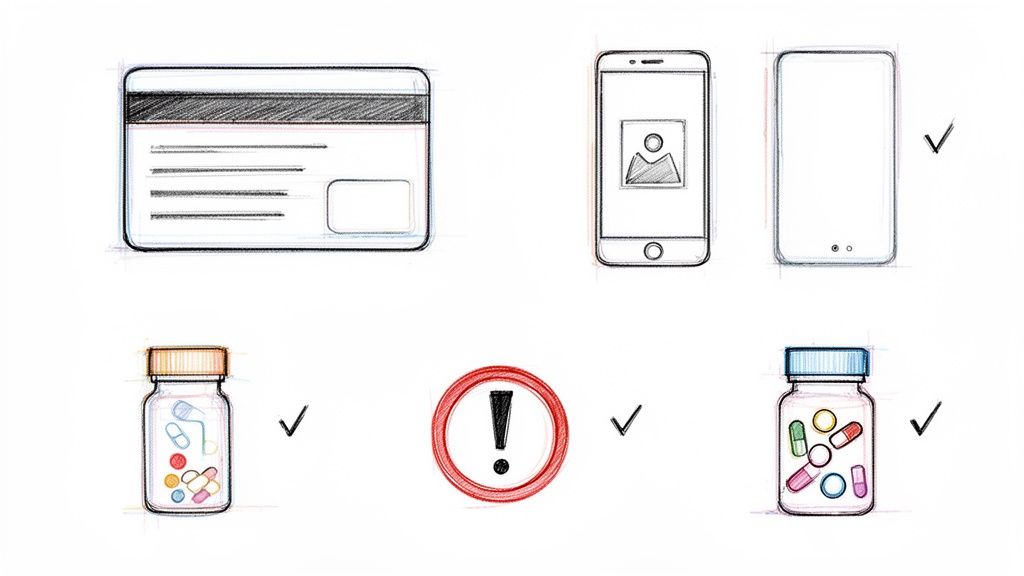 Asisa urgencias teléfono gratuito: Guía rápida y datos esenciales 4 Bocetos de una tarjeta de crédito, teléfonos móviles, frascos de pastillas y un signo de exclamación con marcas de verificación.