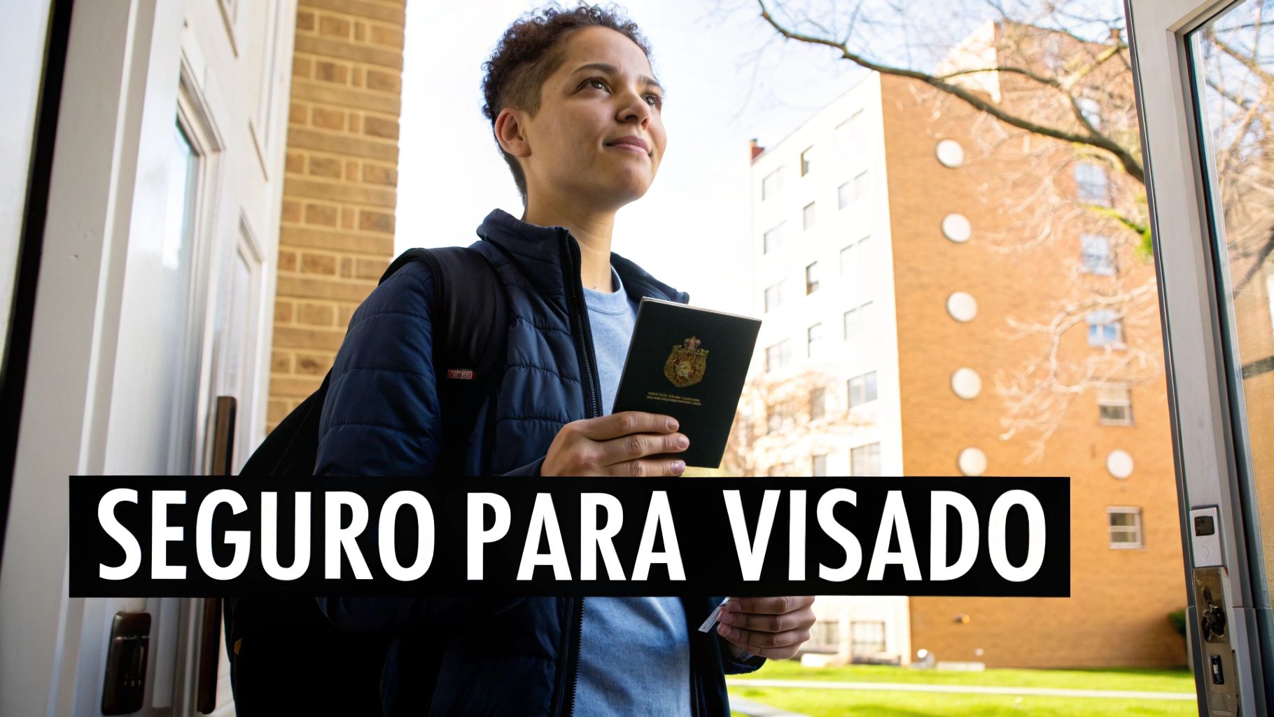 Joven con pasaporte y mochila, mirando hacia arriba, con el texto 'SEGURO PARA VISADO'.