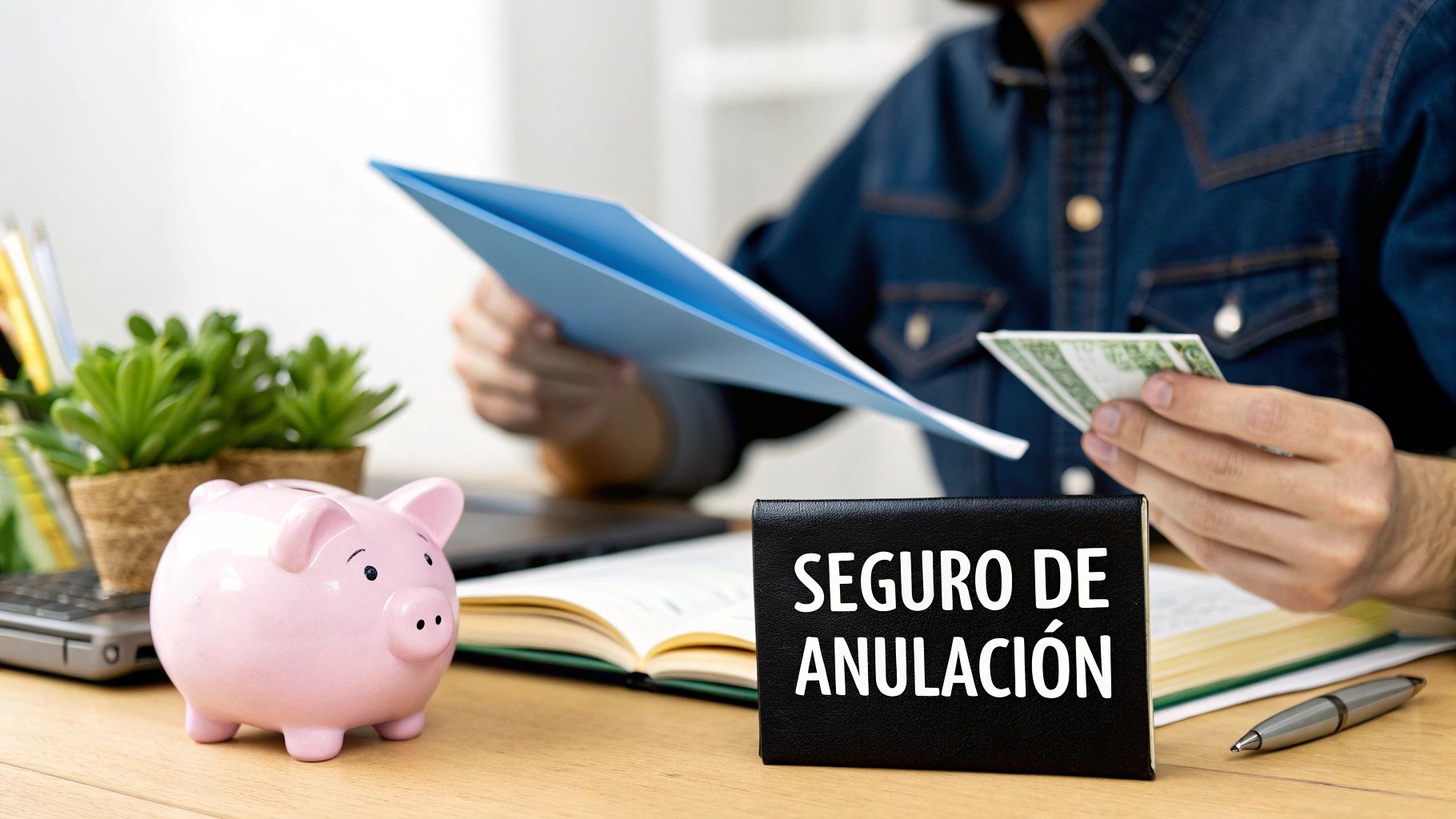 Persona gestionando documentos con dinero y hucha en un escritorio, con cartel de 'SEGURO DE ANULACIÓN'.