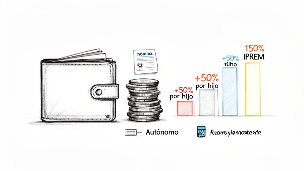 Guía completa de reagrupación familiar en españa requisitos 2 Ilustración de cartera, monedas, nómina y gráficos de barras mostrando beneficios familiares y autónomos.
