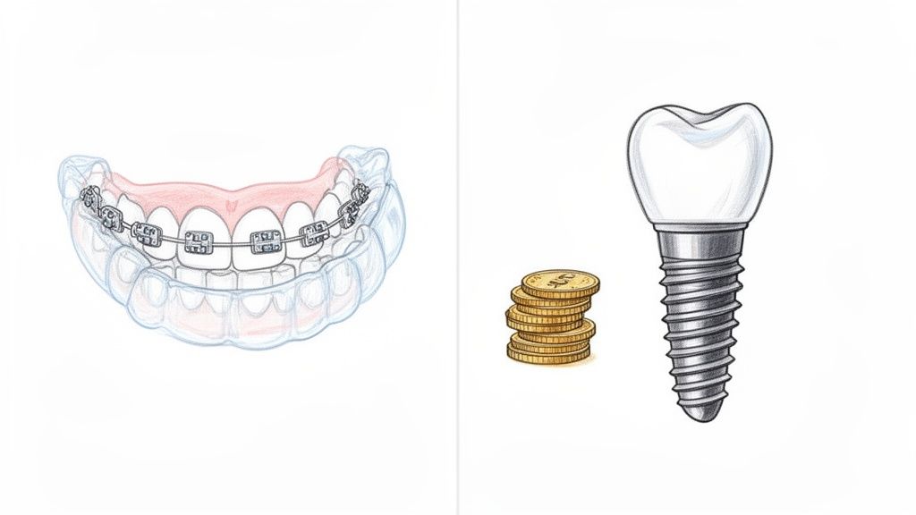 Qué cubre un seguro dental: que cubre un seguro dental para estudiantes 2 Aparatos dentales, alineadores transparentes y un implante dental con monedas, ilustrando tratamientos y costos dentales.