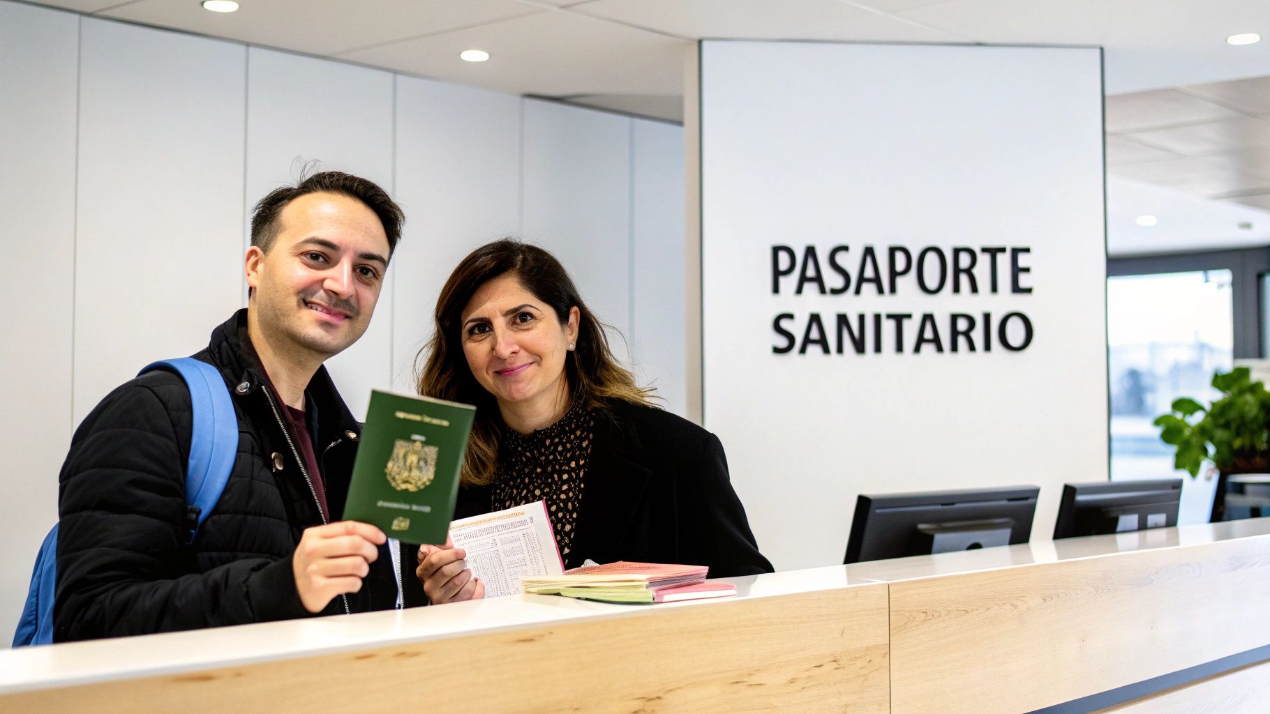 Hombre y mujer sonriendo en un mostrador, mostrando un pasaporte y documentos de "Pasaporte Sanitario".