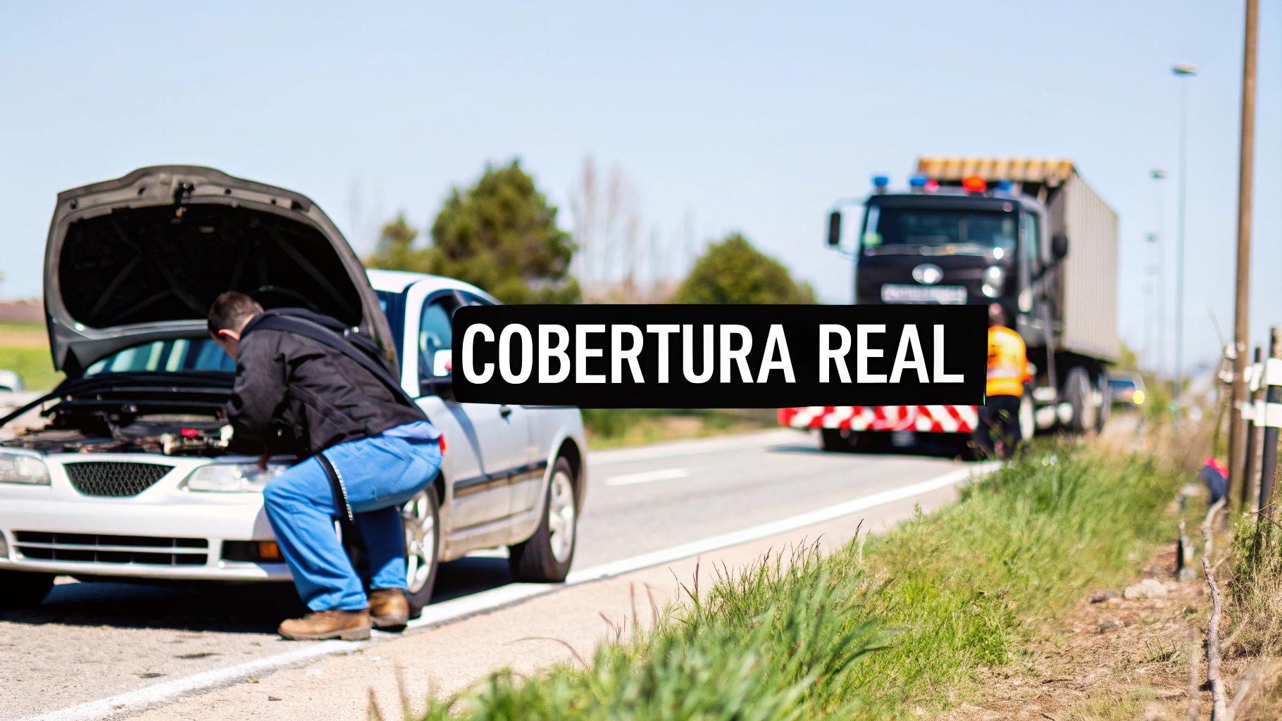 Hombre repara un coche averiado en la carretera, con una grúa acercándose al fondo. Texto: COBERTURA REAL.