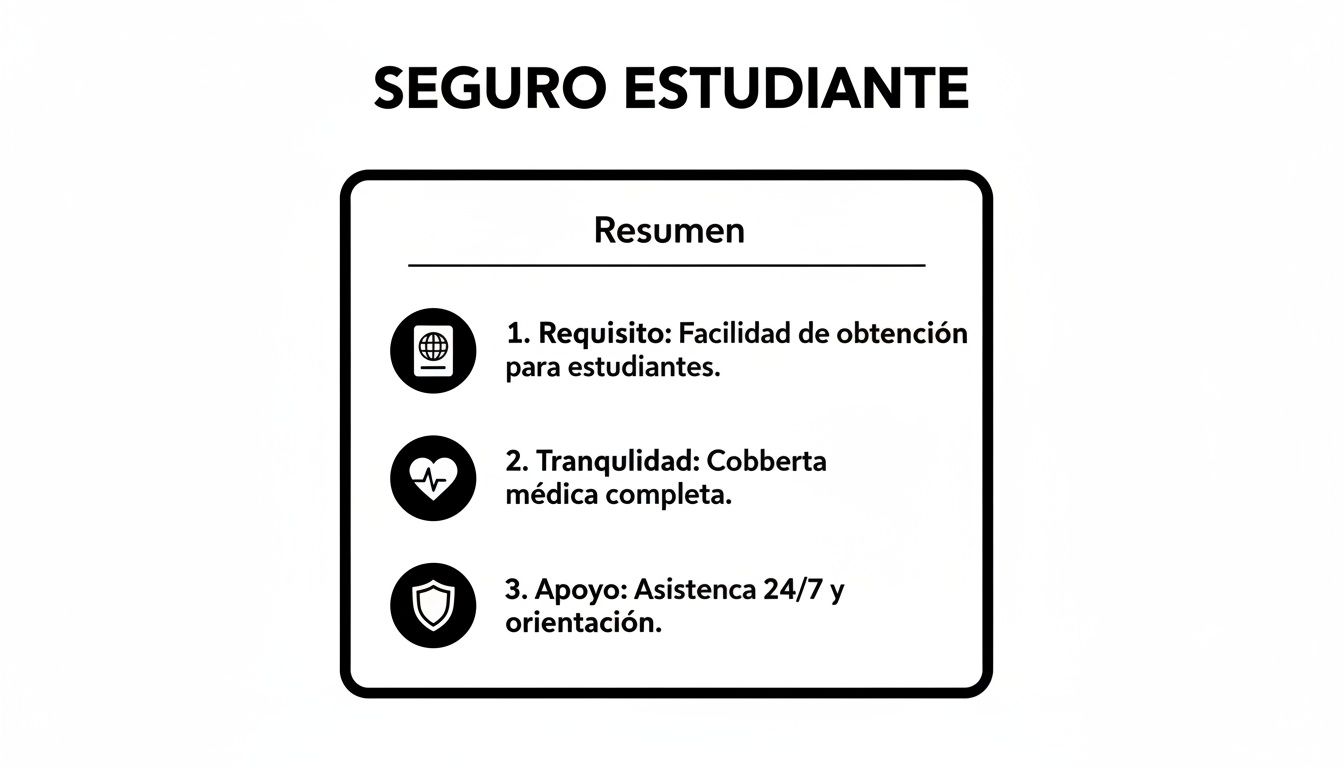 Resumen de seguro estudiante con facilidad de obtención, cobertura médica completa y asistencia 24/7.