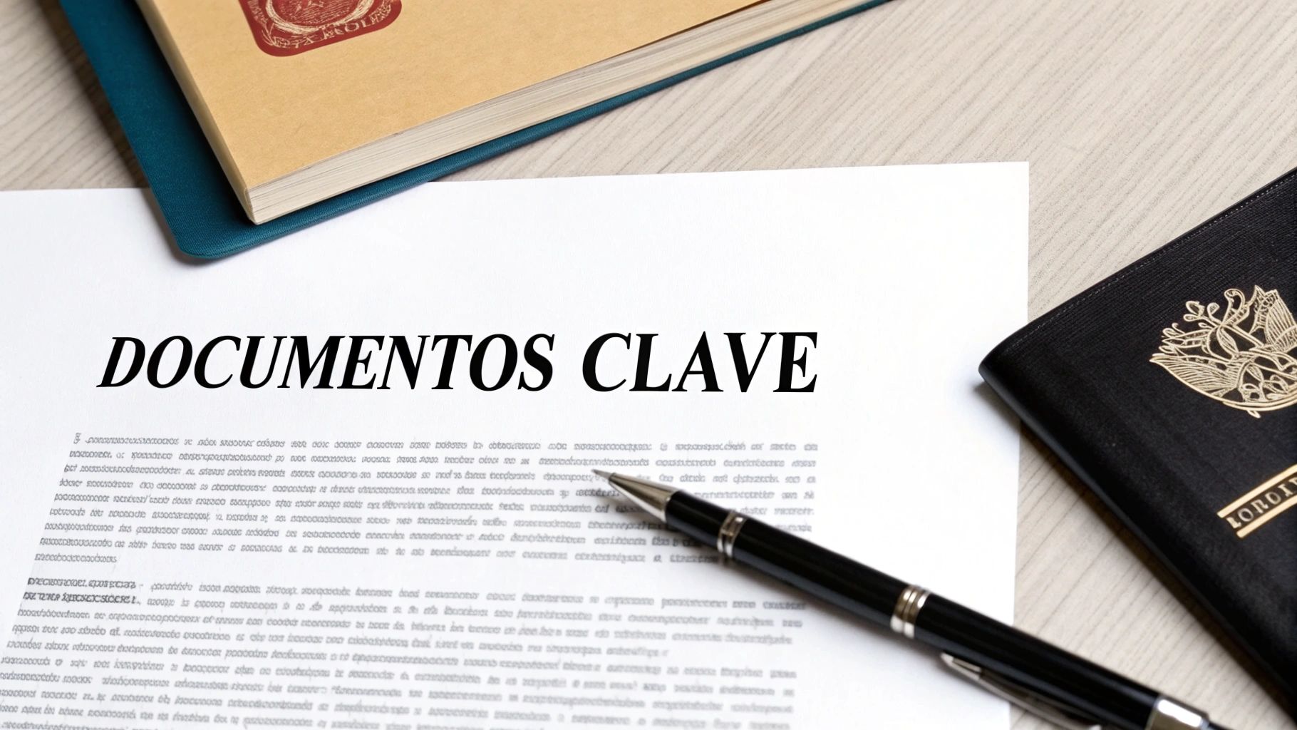 Una vista aérea de documentos importantes, un bolígrafo, un pasaporte y libros en un escritorio.