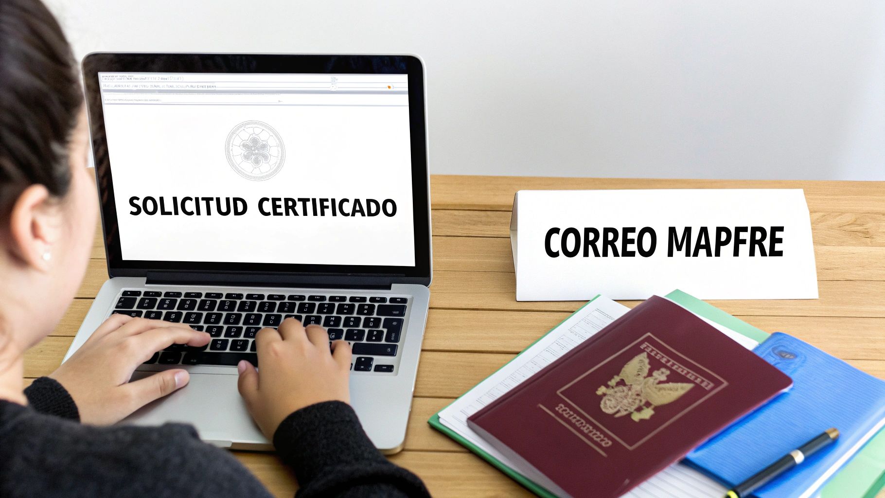Persona solicitando un certificado en línea en un portátil, con el texto 'CORREO MAPFRE' visible, indicando trámites digitales.