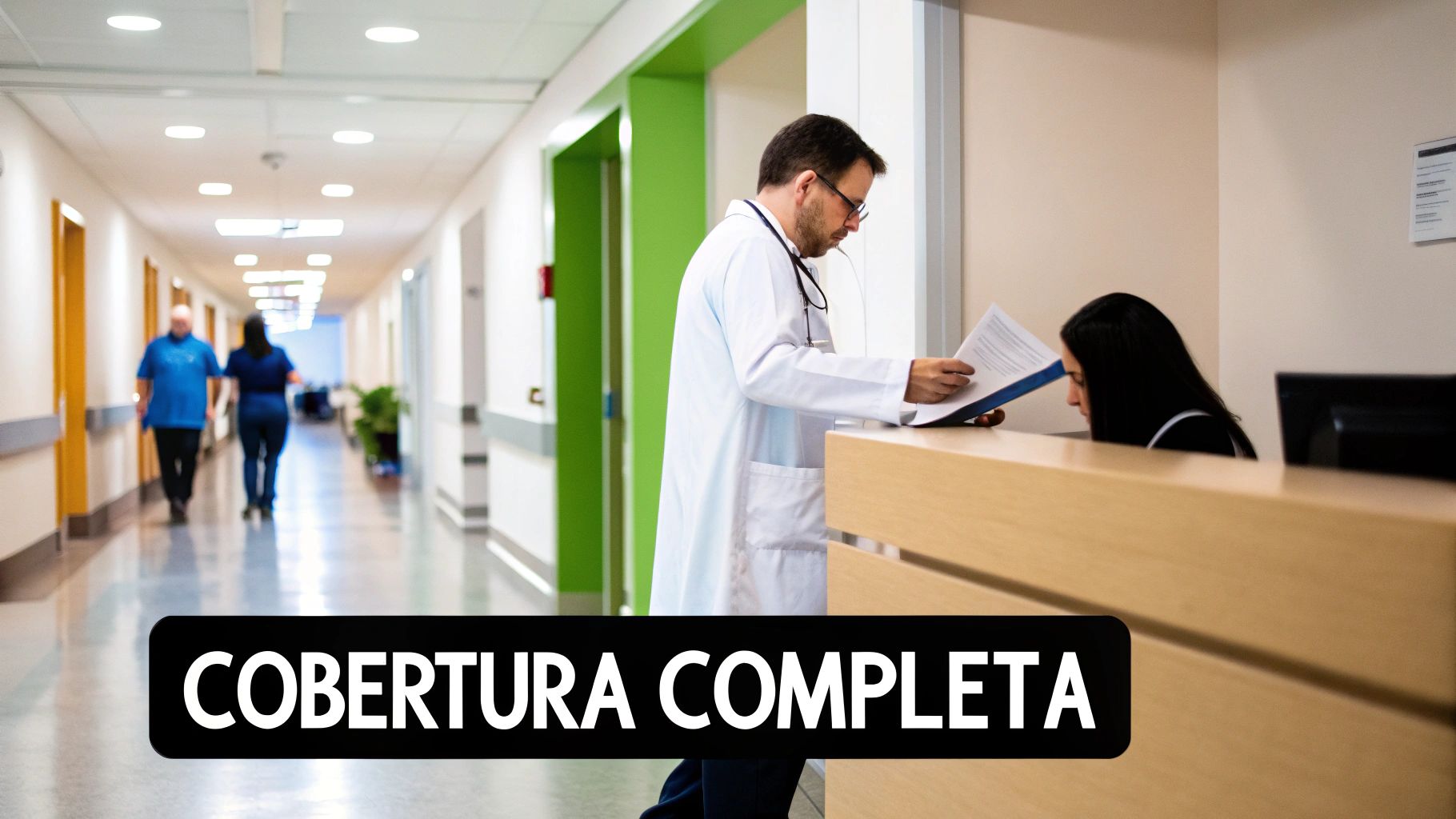 Doctor en la recepción de un hospital revisando documentos, con una paciente y dos personas caminando en el pasillo.