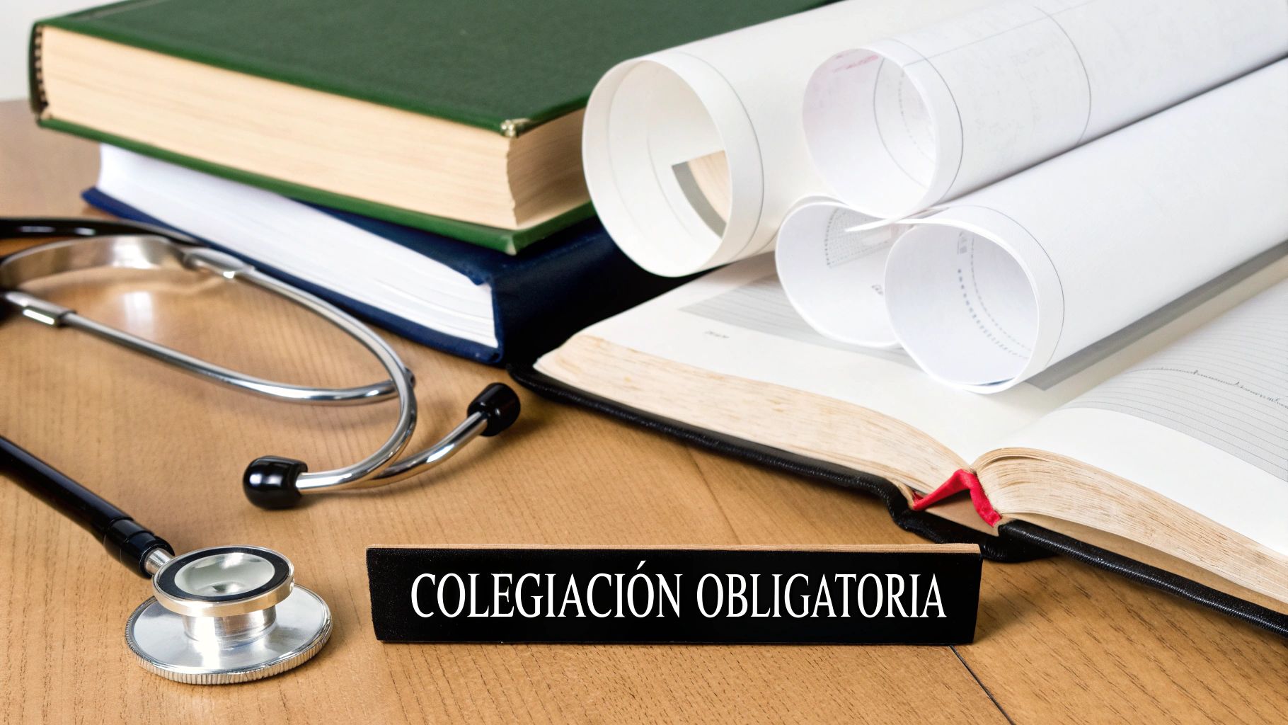 Estetoscopio, libros y un cartel con el texto 'Colegiación Obligatoria' en una mesa de madera.