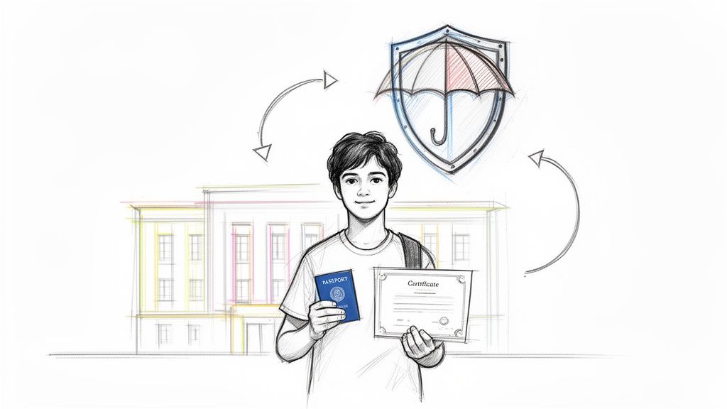 Seguro para estudiantes extranjeros en españa: Visa y cobertura sin problemas 1 Joven estudiante con pasaporte y certificado, frente a un edificio, simbolizando protección y seguro estudiantil.