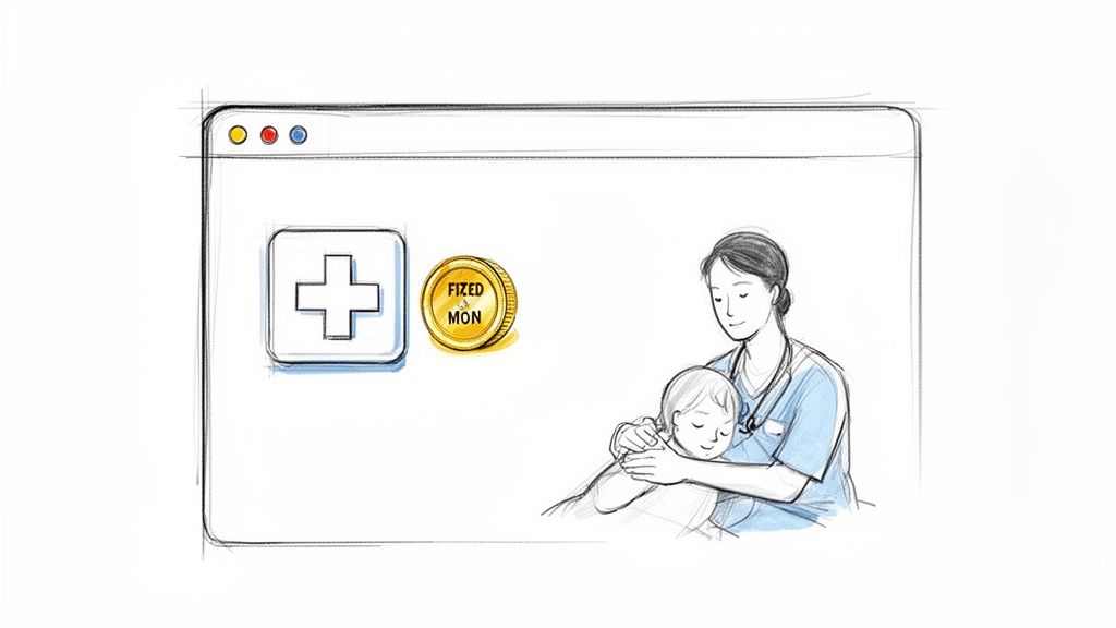 La guía del seguro sin copago para estudiantes y expatriados en España 1 Ilustración: profesional de la salud abraza a un niño, con ícono médico y moneda 'FIXED MON' en una interfaz digital.