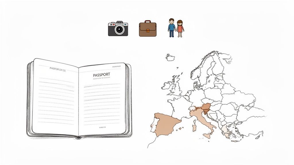 Tu guía para la visa Schengen España sin complicaciones 1 Iconos de viaje: cámara, maletín, pareja, pasaporte abierto y mapa de Europa con España e Italia resaltados.