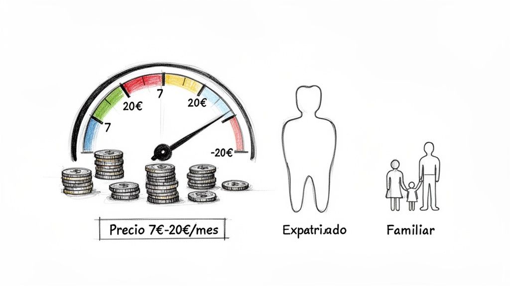 Descubre seguro dental precios: guía rápida para elegir tu póliza 1 Ilustración de precios de seguro dental: 7€-20€/mes, con opciones para expatriados y familias.