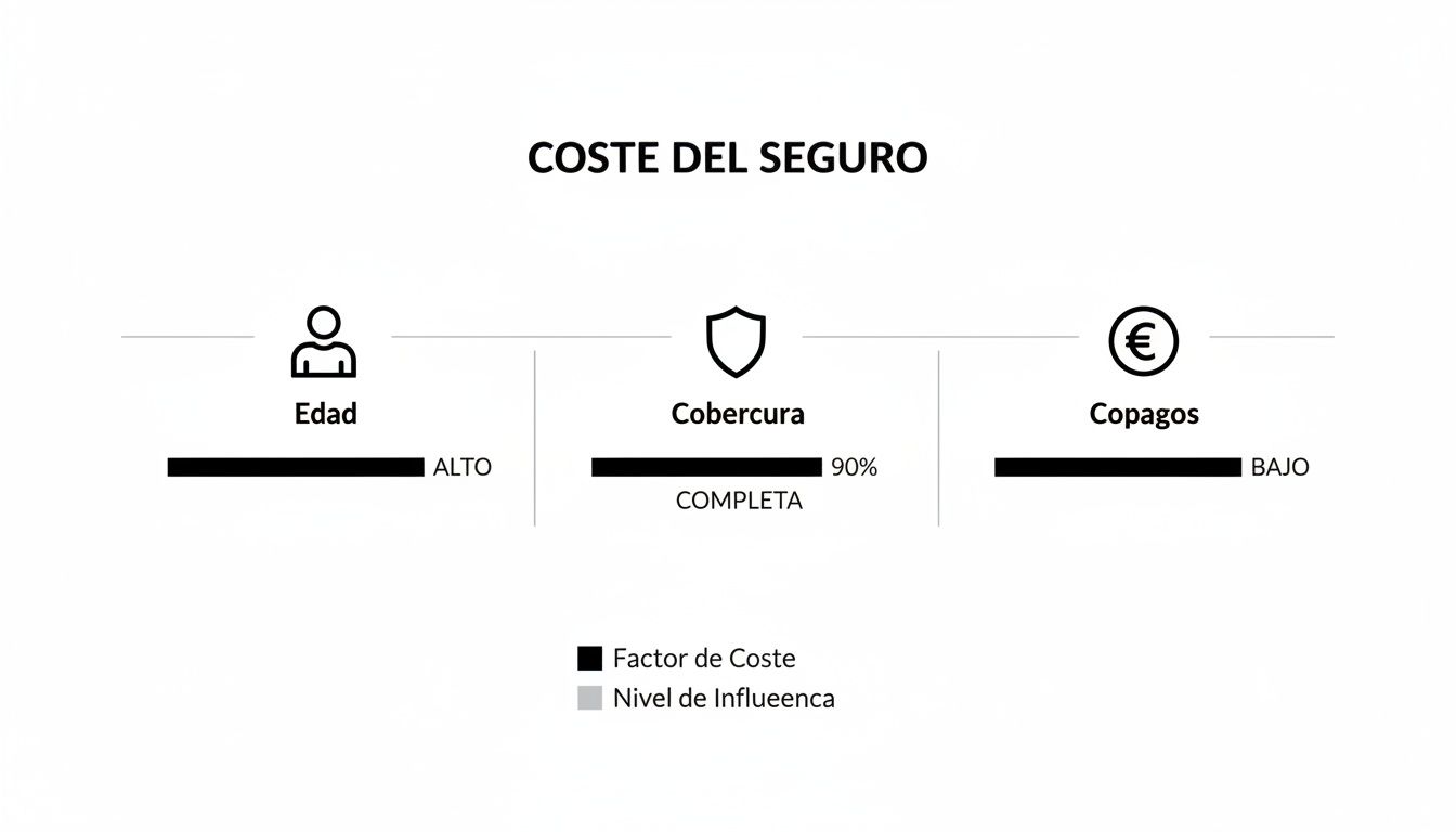Precios de seguro de salud en España para estudiantes y expatriados 2 Infografía explicando los factores clave que determinan el coste del seguro: edad, cobertura y copagos.
