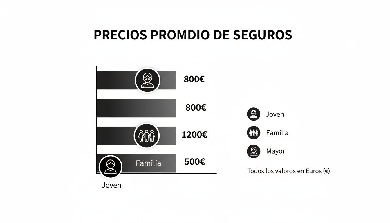 Gráfico de barras que compara los precios promedio de seguros para jóvenes, familias y personas mayores en euros.