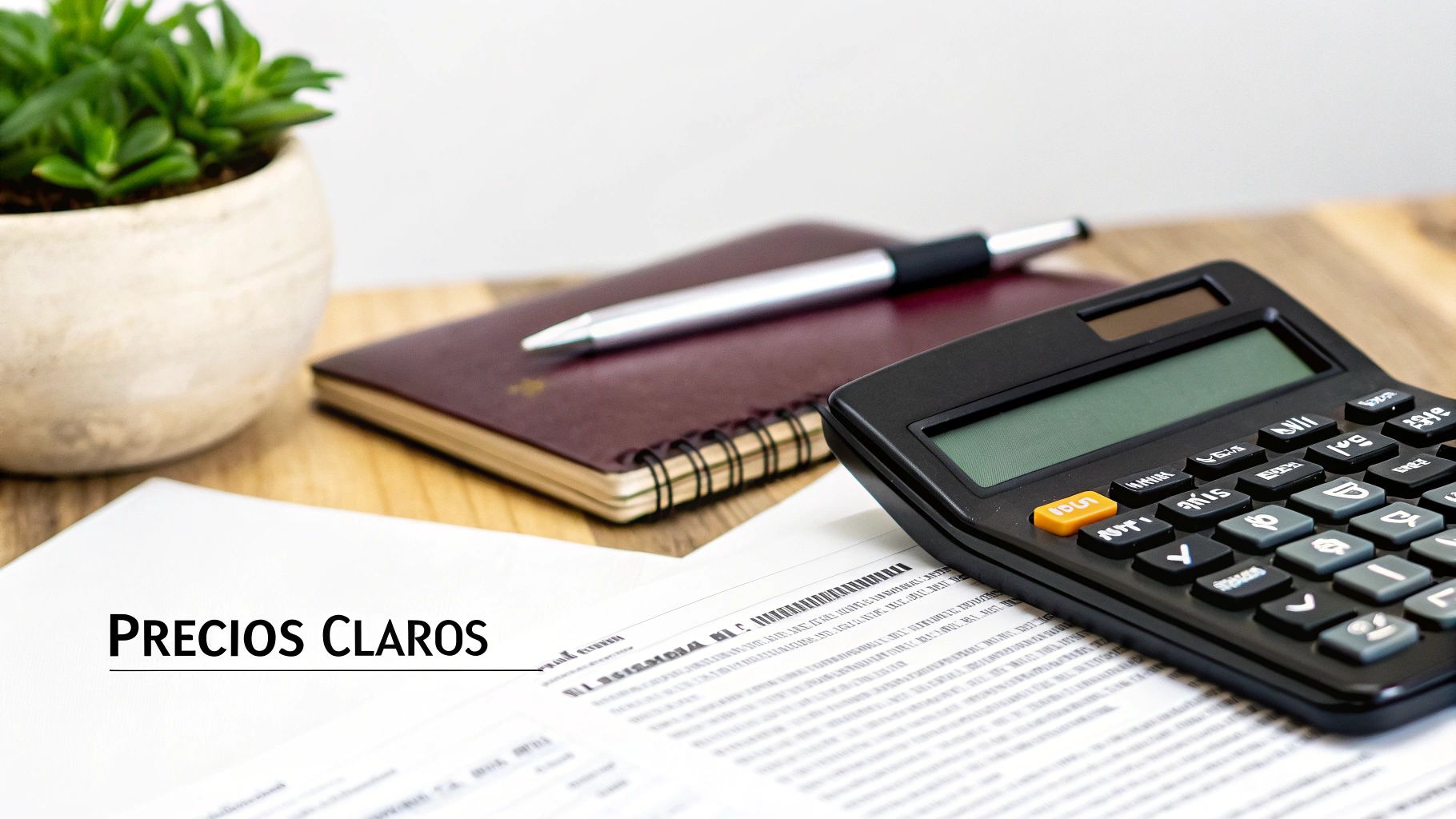 Una calculadora, un cuaderno, un bolígrafo y documentos con 'PRECIOS CLAROS' sobre una mesa de madera.