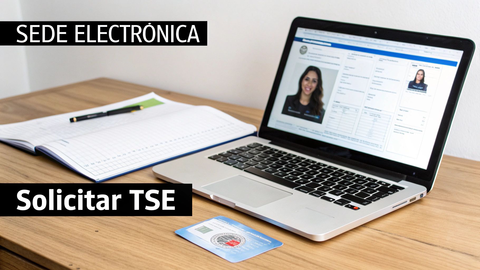 Mesa con portátil mostrando solicitud online de TSE en la Sede Electrónica, junto a cuaderno y tarjeta.
