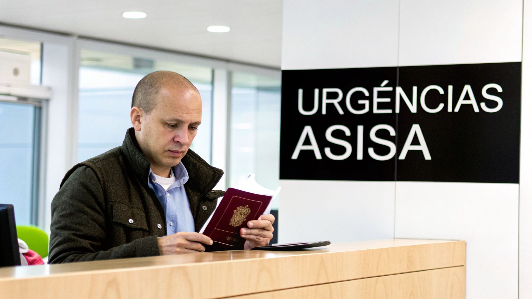 Hombre calvo leyendo un pasaporte o folleto en un mostrador de recepción con un cartel de 'URGÊNCIAS ASISA' al fondo.