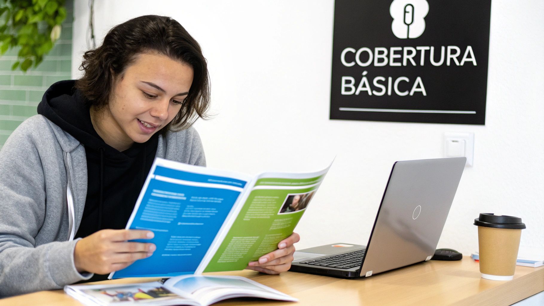 Un joven leyendo un folleto informativo en un escritorio con un portátil y café, bajo un cartel de 'Cobertura Básica'.