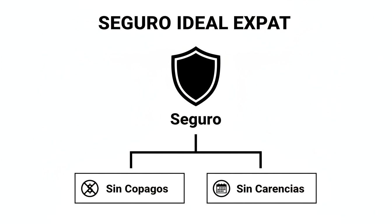 Diagrama del seguro ideal para expatriados, resaltando las características sin copagos y sin carencias.