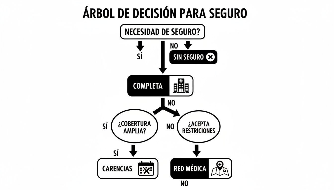 Diagrama de árbol de decisión sobre la necesidad de seguro, cobertura, carencias y red médica.