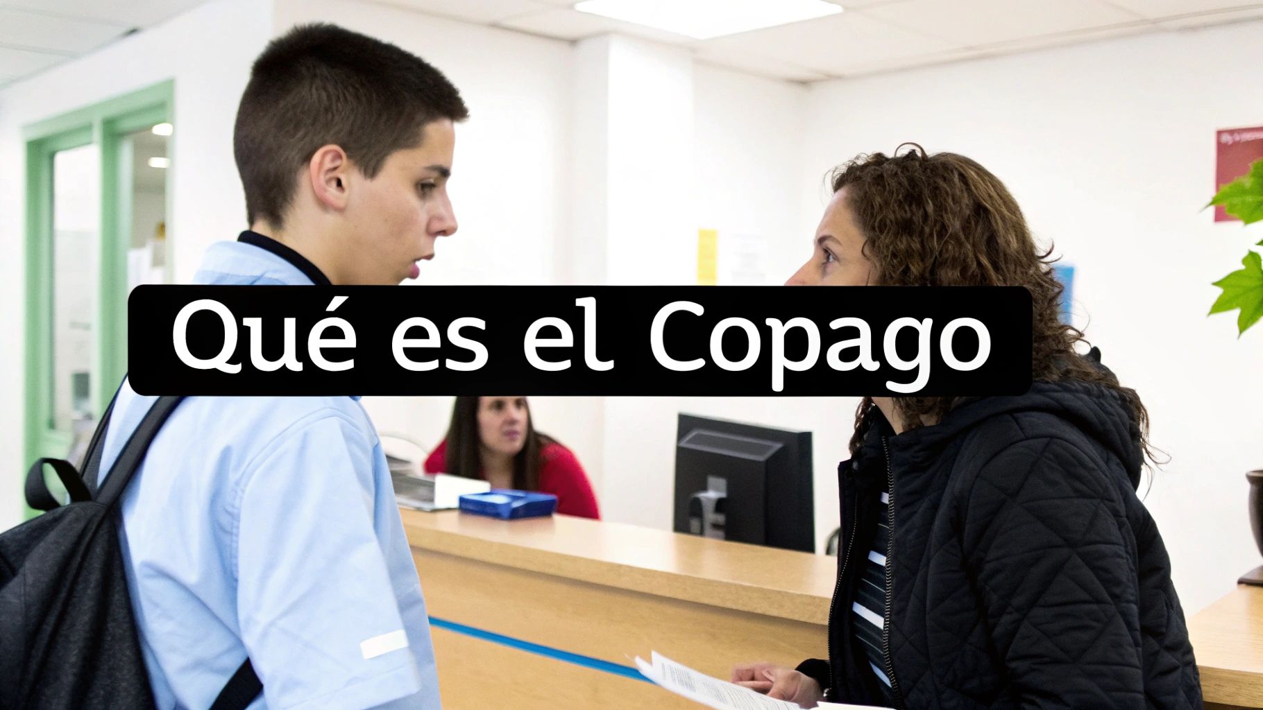Joven y mujer en un mostrador con el texto 'Qué es el Copago' superpuesto en la imagen.