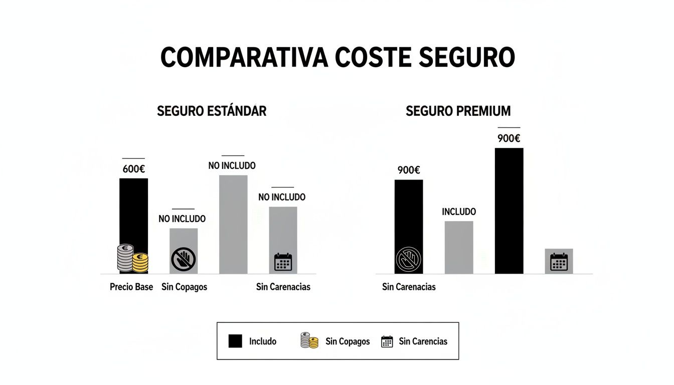 Gráfico de barras comparando el coste y las características del seguro estándar y premium, mostrando precios y exclusiones.