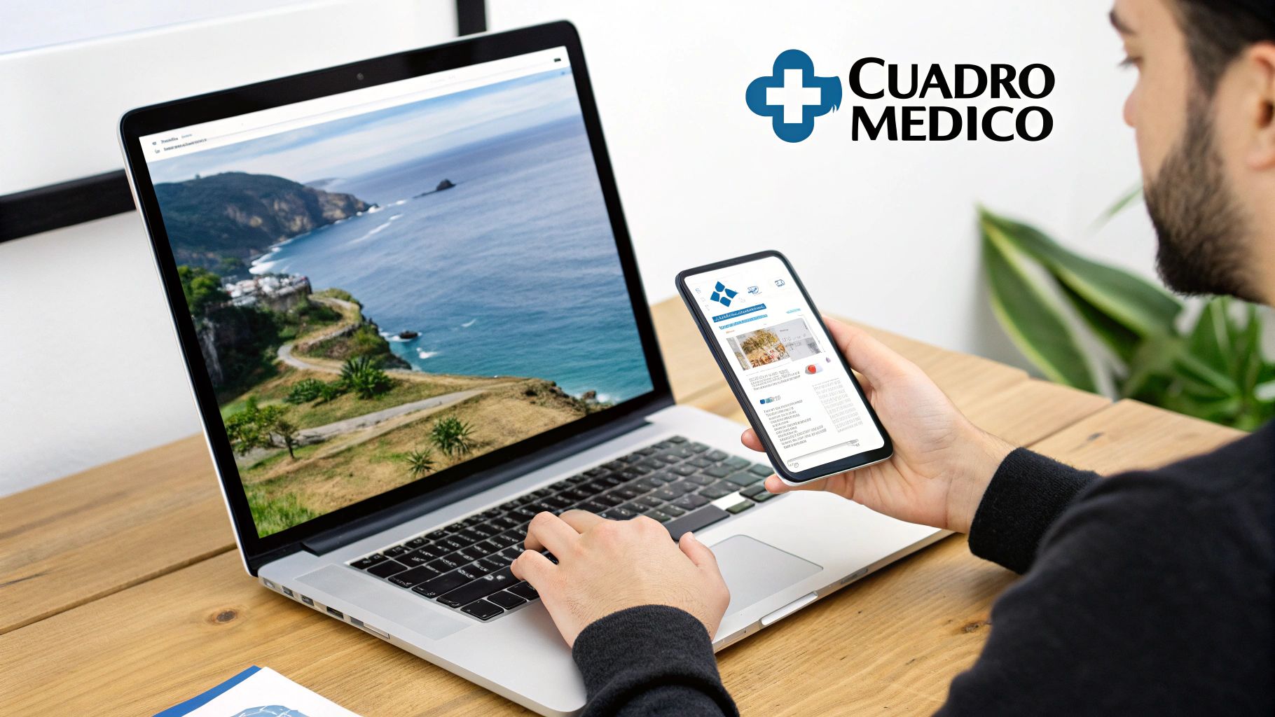 Persona usando una laptop y un smartphone, ambos mostrando contenido web y el logo de CUADRO MEDICO.