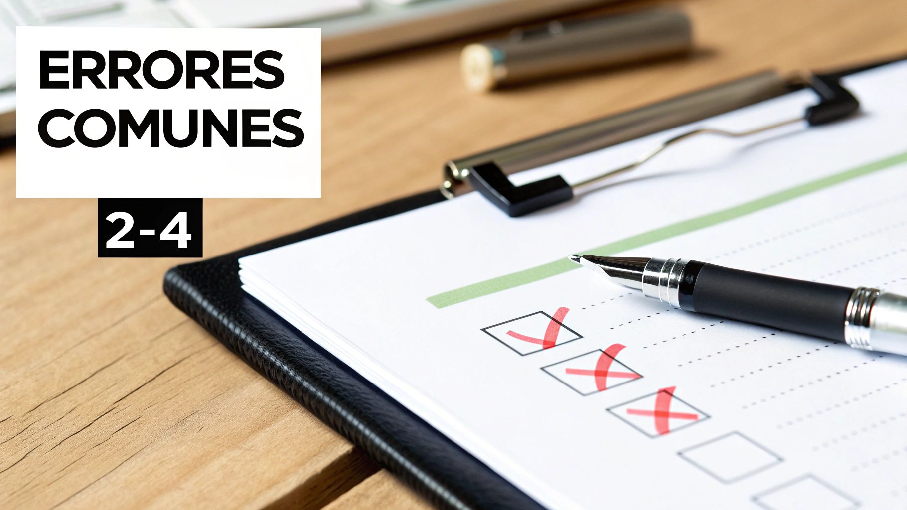 Portapapeles con lista de verificación que muestra errores comunes marcados con 'X', y un bolígrafo sobre una mesa de madera.