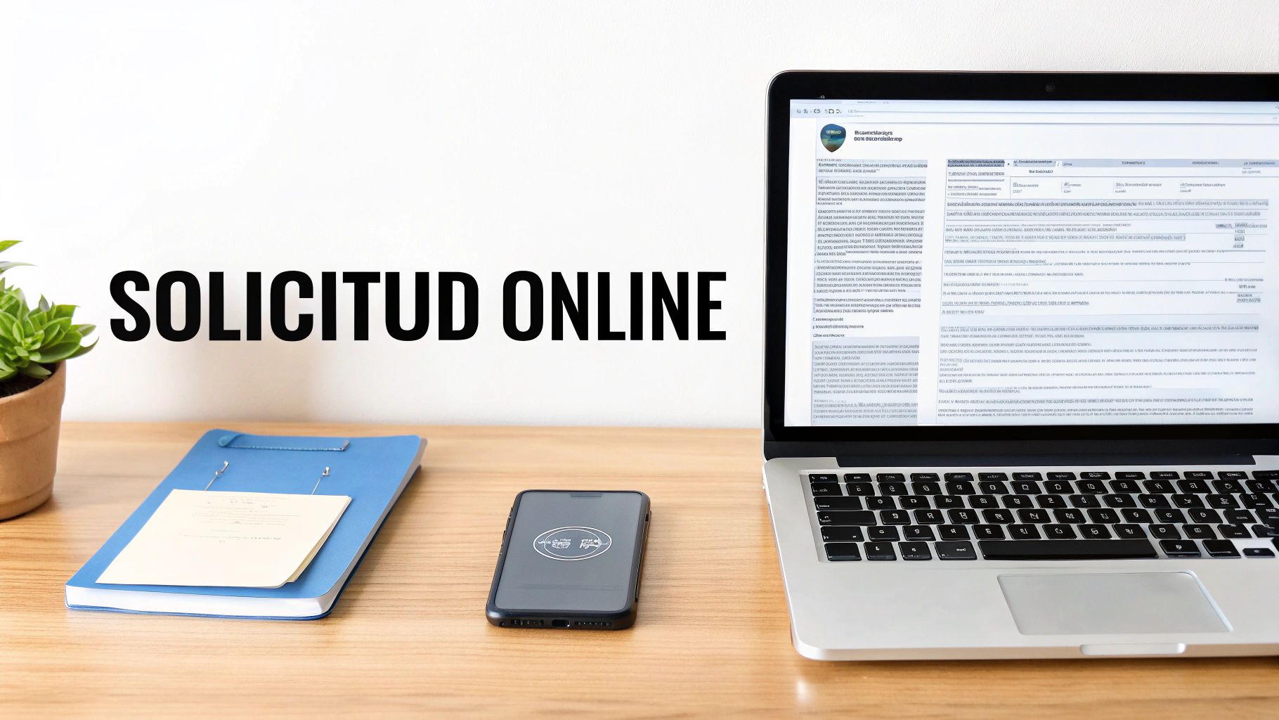 Escritorio con laptop, smartphone y documentos. El texto "SOLICITUD ONLINE" destaca, representando trámites digitales.
