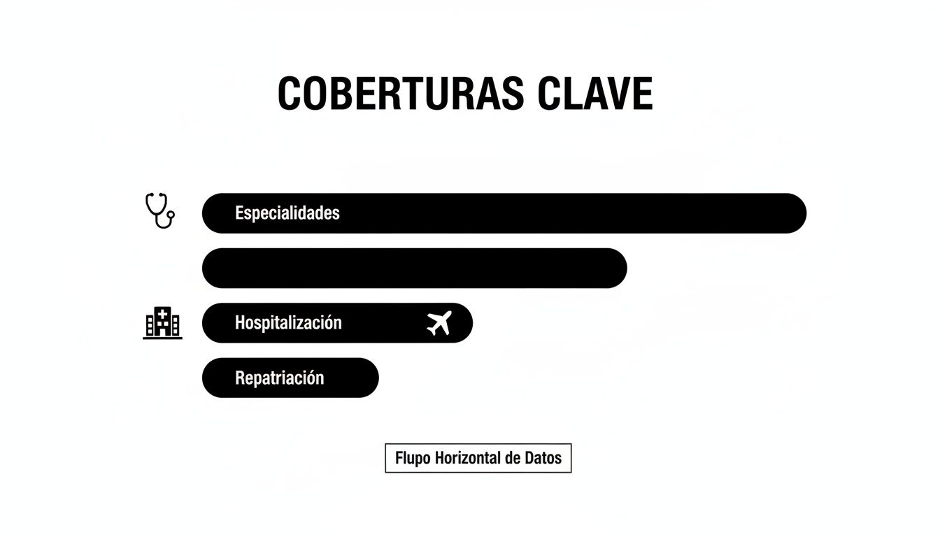 Un gráfico de barras que muestra coberturas clave de seguro, incluyendo especialidades, hospitalización y repatriación.