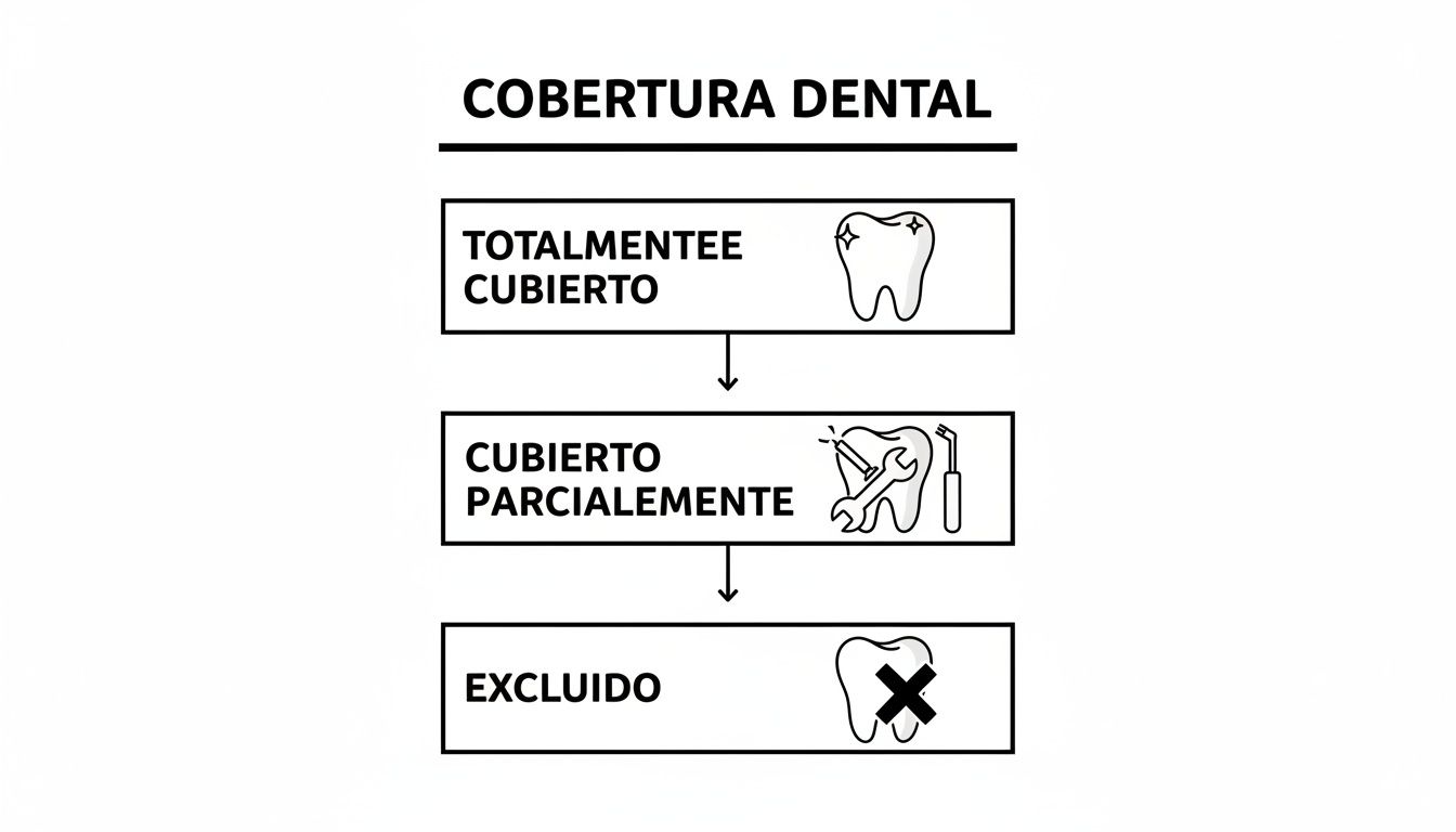 Diagrama ilustrativo de los niveles de cobertura dental: totalmente cubierto, parcialmente cubierto y excluido.