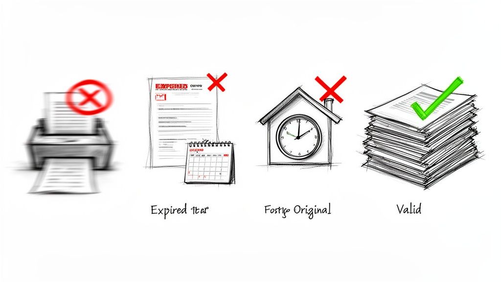 Compulsar fotocopia dni: guía rápida para trámites en España 3 Ilustraciones que muestran documentos no válidos (copias, caducados, no originales) y una pila de documentos válidos.
