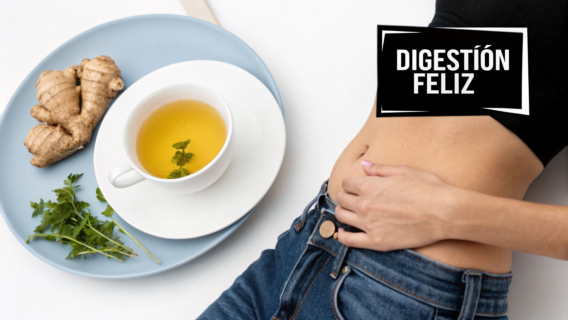 Mujer tocándose el abdomen junto a una taza de té de jengibre y hierbas, con el texto 'Digestión Feliz'.