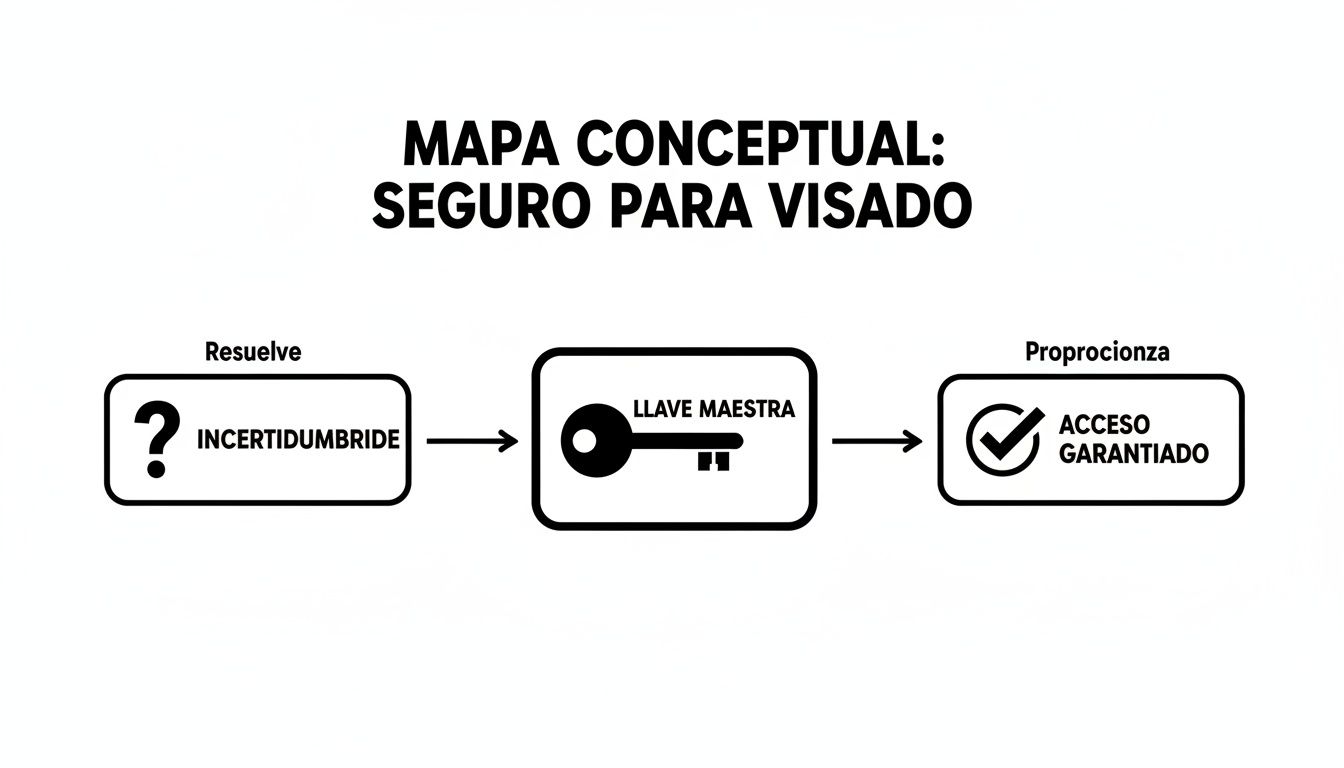 Diagrama conceptual que ilustra cómo el seguro de visado actúa como llave maestra para resolver la incertidumbre y garantizar el acceso.