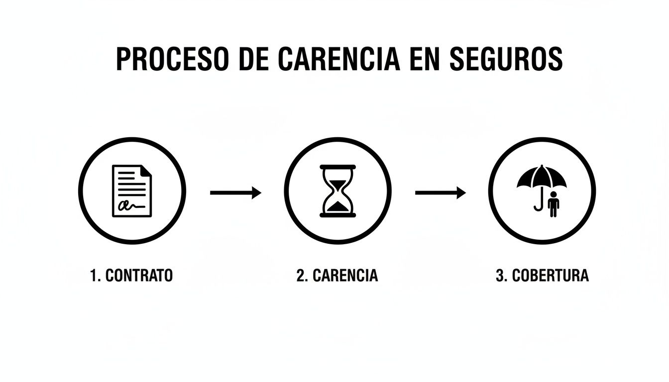 Diagrama que ilustra el proceso de carencia en seguros: desde el contrato, pasando por el periodo de espera, hasta la cobertura.