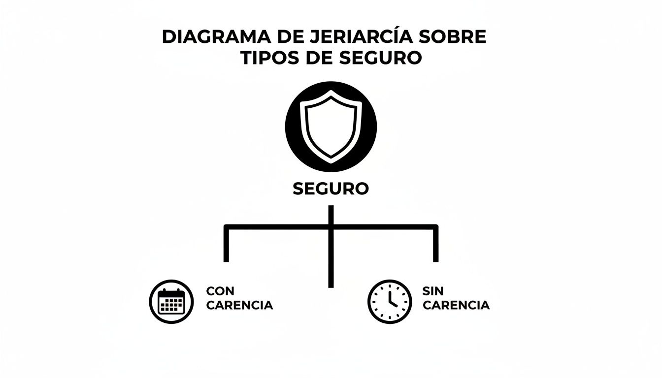 Seguros medicos sin carencia: guía para visa y estancia en España 1 Diagrama de jerarquía sobre tipos de seguro: seguro con carencia y seguro sin carencia.