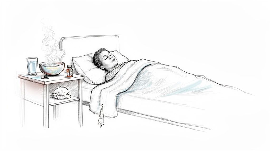 Diferencia entre catarro y gripe: una guía para identificarlos 3 Ilustración de una persona durmiendo en cama con elementos para resfriado o gripe en la mesita de noche.
