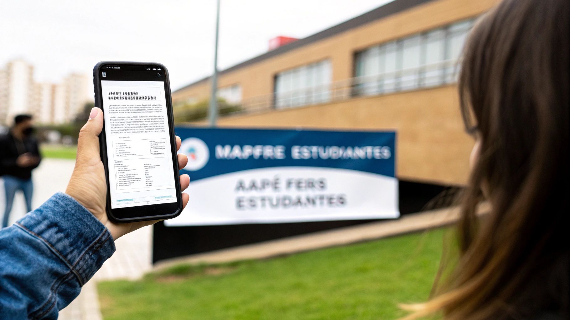Persona sostiene un smartphone con información, de fondo un cartel de 'MAPFRE ESTUDIANTES'.