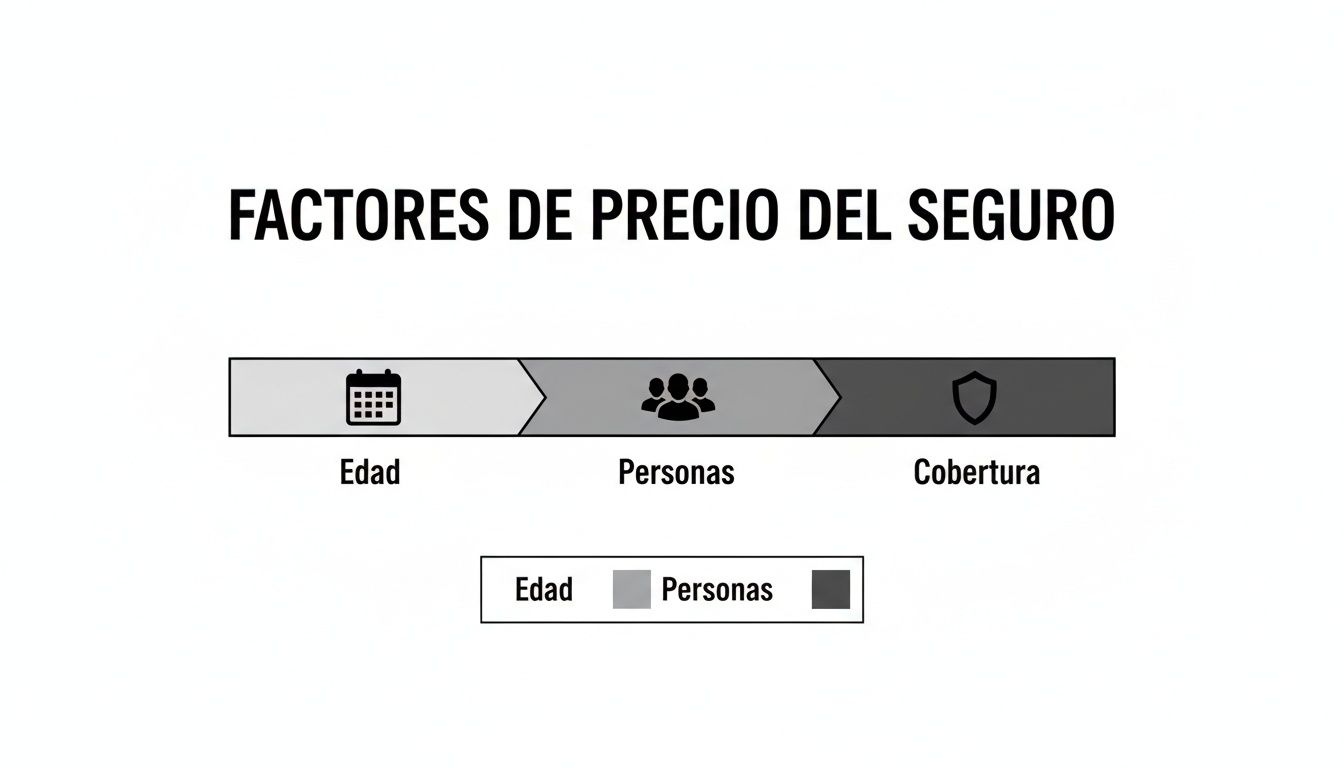 Precio seguro medico familiar: guía para España (precio seguro medico familiar) 2 Diagrama que ilustra los factores de precio del seguro: edad, personas y cobertura.