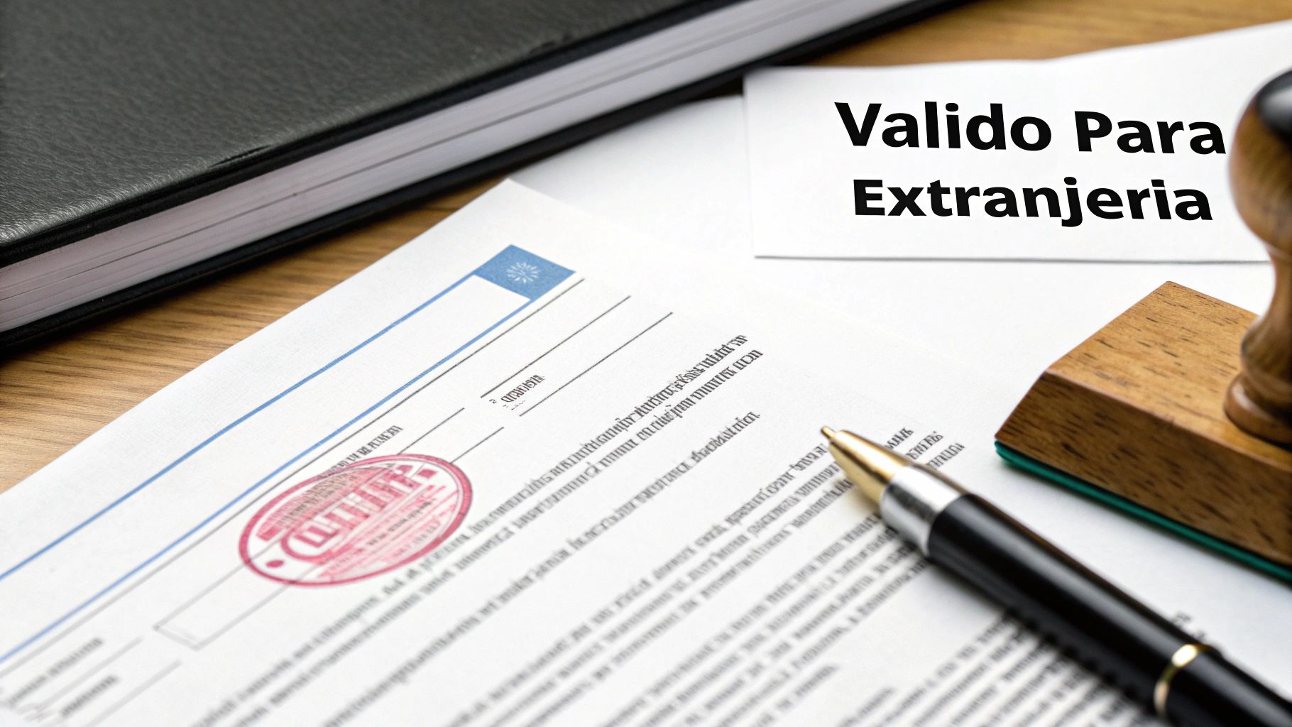 Documento oficial con sello rojo, bolígrafo, cuaderno y nota 'Valido Para Extranjería' en una mesa.