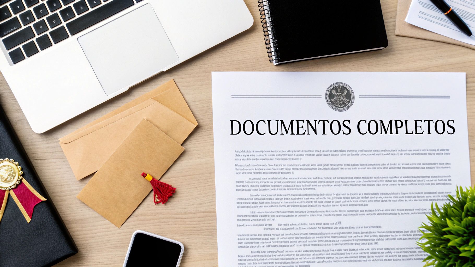 Un escritorio ordenado con laptop, documentos titulados 'DOCUMENTOS COMPLETOS', sobres, un cuaderno y un smartphone, sugiriendo trámites universitarios o educativos.