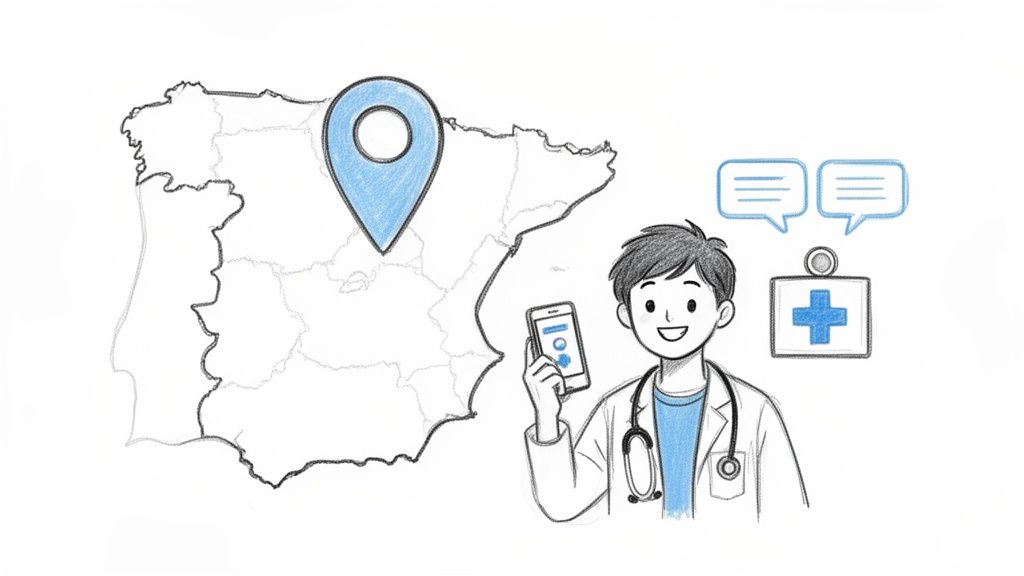 Seguro para estudiantes extranjeros en españa: Visa y cobertura sin problemas 3 Un médico sonriente con un móvil junto a un mapa de España con un pin de ubicación y símbolos médicos.