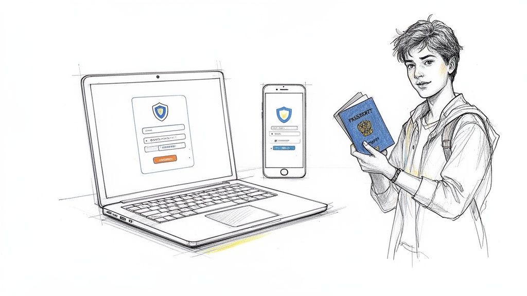 Tu guía del Asisa portal del paciente para estudiantes internacionales 2 Joven con pasaporte azul, portátil y smartphone mostrando pantallas de inicio de sesión con escudo de seguridad.