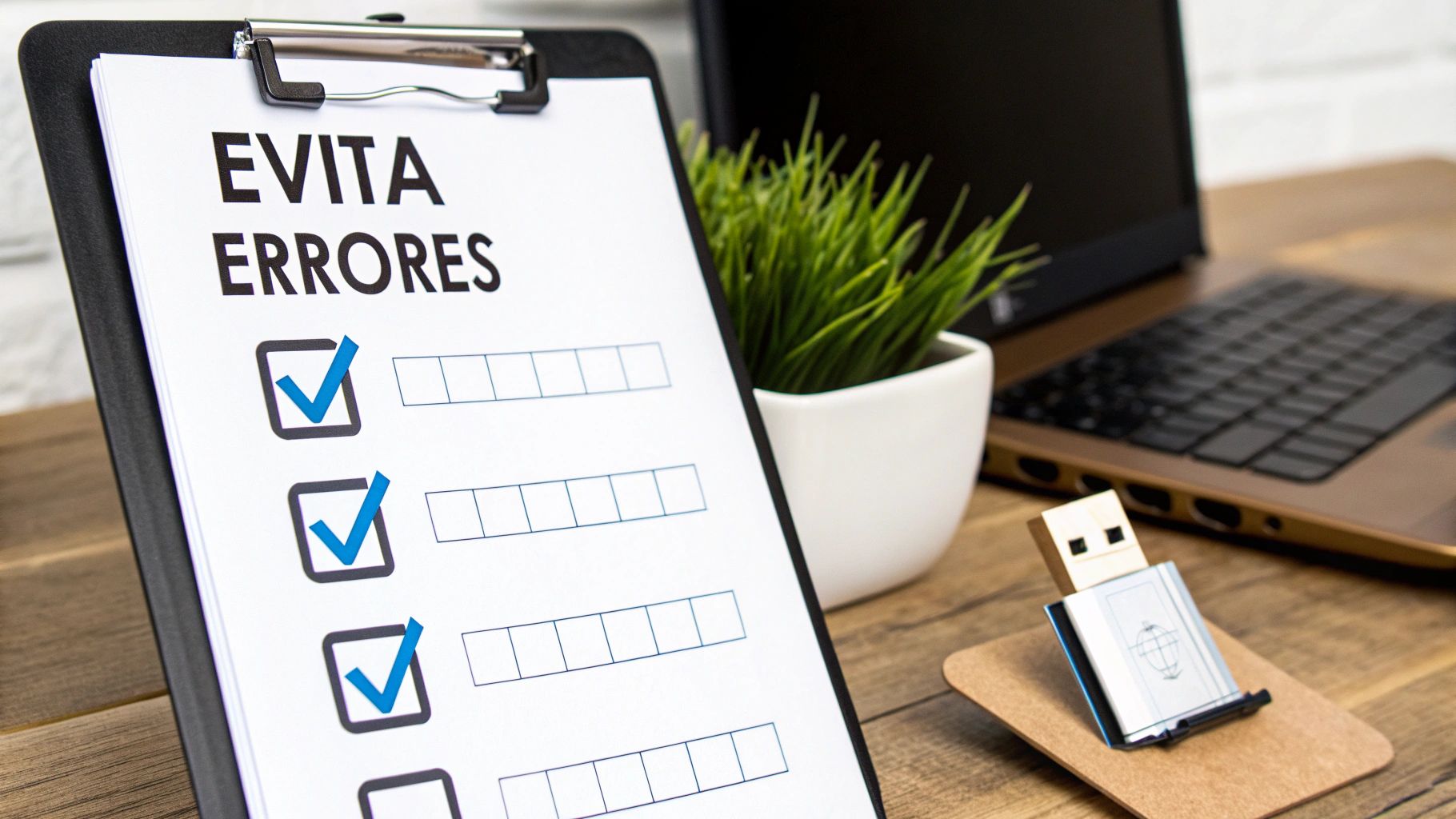 Portapapeles con una lista de verificación titulada 'EVITA ERRORES' con varias casillas marcadas con checks azules.