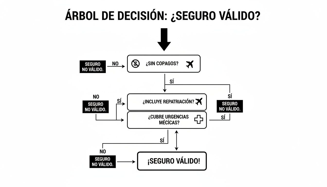 Árbol de decisión que evalúa si un seguro es válido, considerando copagos, repatriación y urgencias médicas.