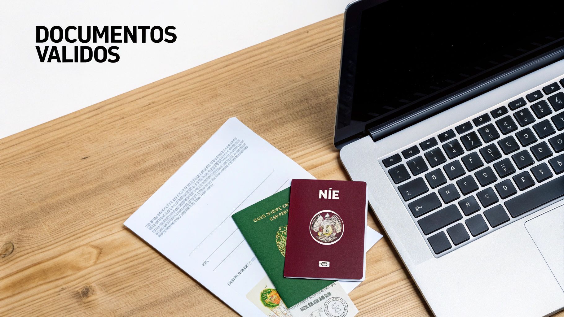Documentos válidos: pasaportes, NIE y papeles junto a un portátil en un escritorio de madera.